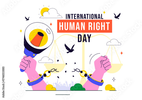International Human Rights Day Vector Illustration Featuring Diverse People Breaking Chains for Equality, Unity, Freedom, and Peace in Flat Background