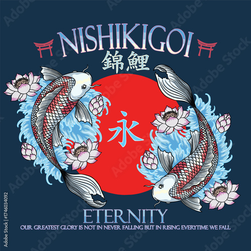 Japanese Koi Fish Nishikigoi Illustration with Lotus and Red Sun