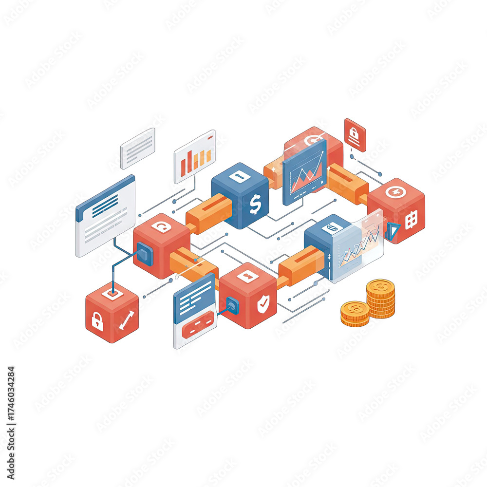 Obraz premium Isometric Blockchain Network with Data Cubes and Transparent Background