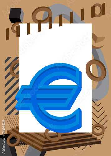 Euro Sign geometrical graphic retro theme background. Minimal geometric elements. Vintage abstract shapes vector illustration.
