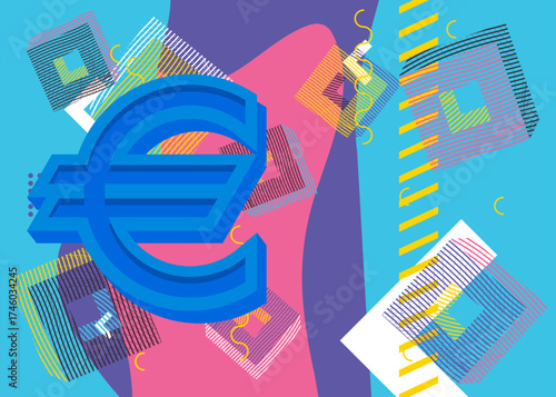 Euro Sign geometrical graphic retro theme background. Minimal geometric elements. Vintage abstract shapes vector illustration.