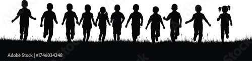 Silhouette of children holding hands and walking on grass field, teamwork unity, friendship, outdoor play, happy childhood illustration art.