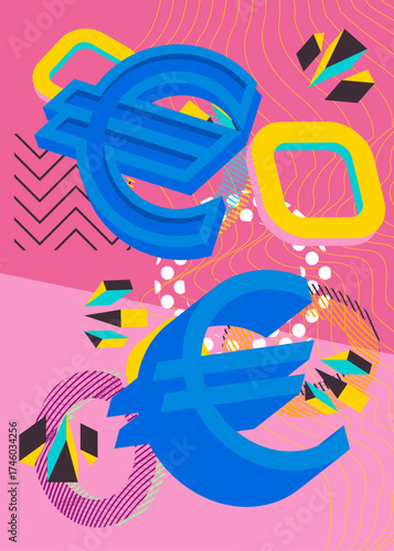 Euro Sign geometrical graphic retro theme background. Minimal geometric elements. Vintage abstract shapes vector illustration.