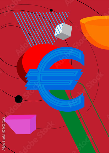 Euro Sign geometrical graphic retro theme background. Minimal geometric elements. Vintage abstract shapes vector illustration.