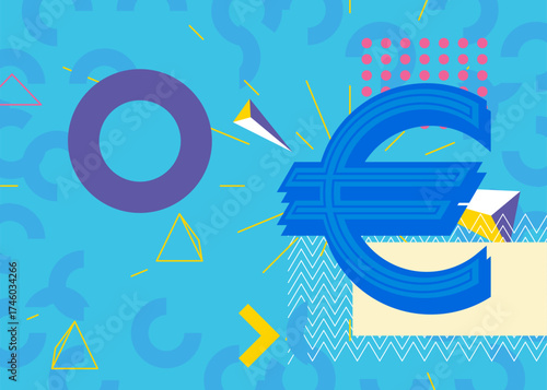 Euro Sign geometrical graphic retro theme background. Minimal geometric elements. Vintage abstract shapes vector illustration.