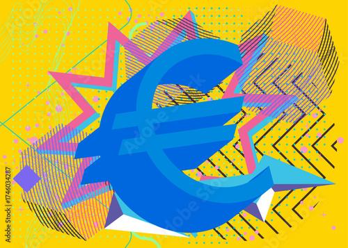Euro Sign geometrical graphic retro theme background. Minimal geometric elements. Vintage abstract shapes vector illustration.
