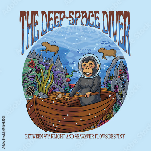 Monkey Astronaut Rowing Boat Underwater Illustration