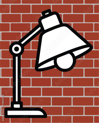 Illustration of a desk lamp against a brick wall, the lamp is depicted in a minimalist style, with clean lines and a simple design, creating a modern and functional aesthetic on