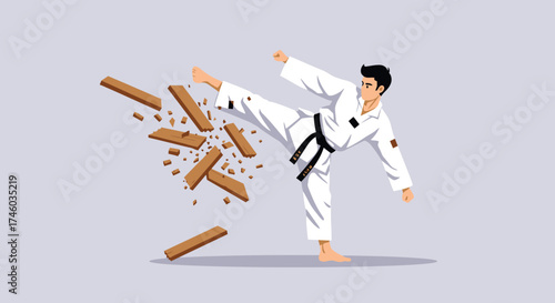 Karate Master Breaking Wooden Boards with Kick Flat Illustration