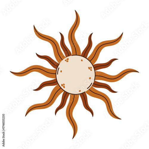 Shining sun vector illustration. Bright celestial star with wavy rays, sunlight. Vintage hand drawn clip art, isolated on white. Symbol of astronomy, astrology, occultism. Boho design, golden sunburst