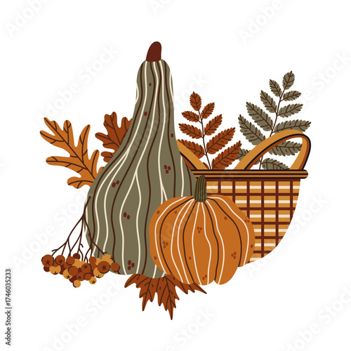 Autumn harvest vector illustration. Fresh pumpkin, gourd, bunch of rowan berries. Wicker basket, colorful oak and maple leaves. Seasonal vegetable festival, local organic products. Hand drawn clipart