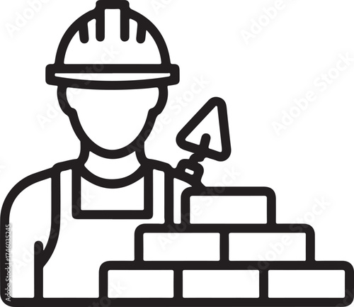Illustration of a construction worker with a trowel and bricks, the worker is wearing a hard hat and overalls, symbolizing the construction industry and manual labor on