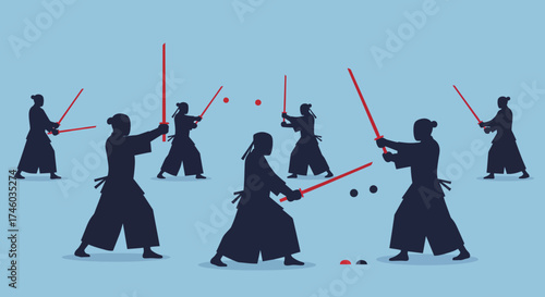 Flat Design Samurai Kendo Silhouettes