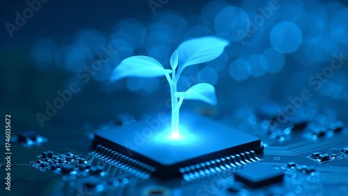 Future of Technology AI Plant Growing on Computer Chip Innovation and Sustainability Sustainable digital innovation