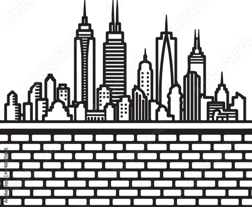 Illustration of a city skyline, showcasing a variety of skyscrapers and buildings behind a brick wall, creating a simple yet striking urban panorama with a modern aesthetic on