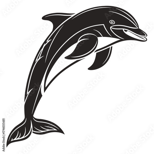 Stylized black dolphin leaping against a black background