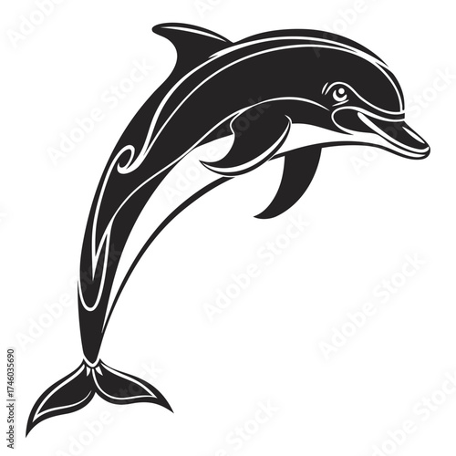 Stylized black dolphin leaping against a black background