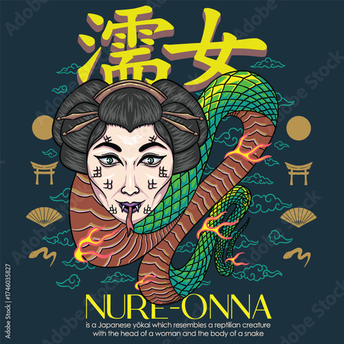 Nure-Onna Japanese Yokai Snake Woman Illustration