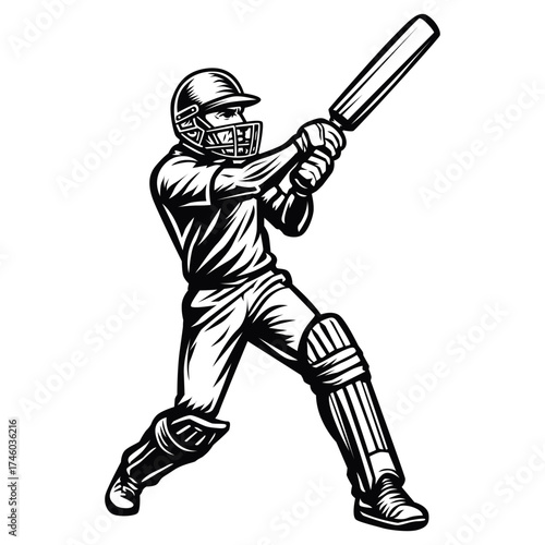 Vector illustration of a cricket batsman in minimal line drawing style, isolated on white background.