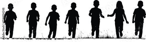 Silhouette of happy children running together on grass field, outdoor play, friendship, childhood fun, teamwork and unity illustration art.