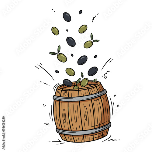 Illustration of olives falling from wooden barrel  