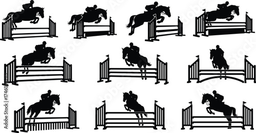 Silhouette of horse and rider jumping over barriers, equestrian competition, show jumping event, horse riding action, sport illustration art.