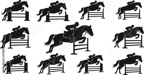 Silhouette of horse and rider jumping over hurdles, equestrian sport, horse riding competition, show jumping action, athletic motion illustration art.