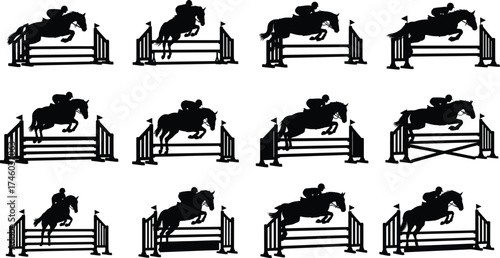 Silhouette of horse and rider jumping over obstacles, equestrian sport, horse riding competition, training action, show jumping illustration art.