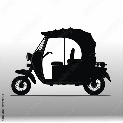 Black silhouette of a three-wheeled motorized rickshaw taxi with canopy roof on gradient background, modern vector graphic design element