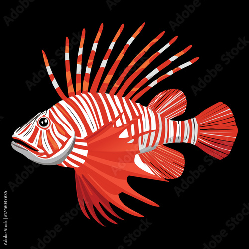 Close-up side view of a vibrant red-striped lionfish showing its distinct pattern and menacing venomous dorsal spines