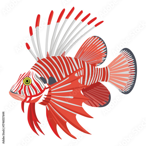 Vivid red and white striped lionfish character with long flowing dorsal and pectoral fins ready to strike venomously