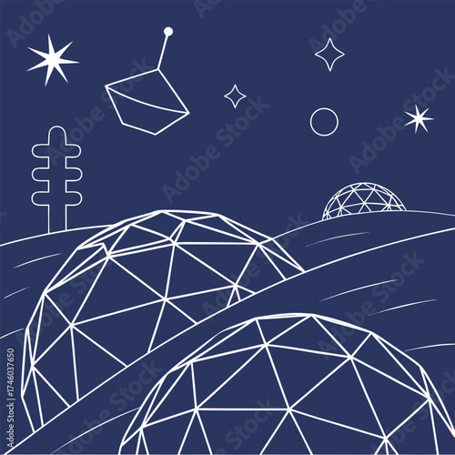 Futuristic Dome Structures on Alien Landscape with Stars