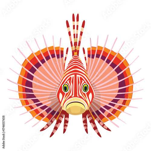 Unique front view portrait of a frowning red lionfish displaying its large feathery fins and colorful striped pattern