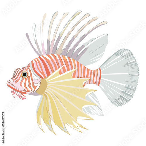 Artistic depiction of a beautiful lionfish with delicate white and yellow fins reflecting light elegantly on the surface