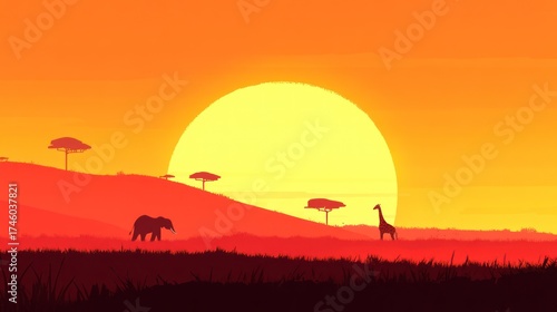 African Savannah Sunset With Elephant And Giraffe