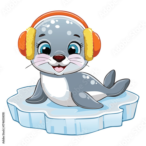 Happy baby seal pup character with bright orange headphones sitting on a chunk of ice and enjoying the music