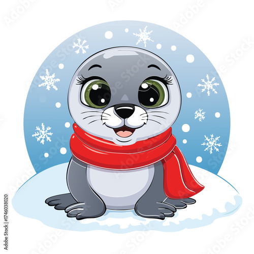 Adorable baby seal pup character wearing a red scarf while sitting on a snowy background with snowflakes falling gently