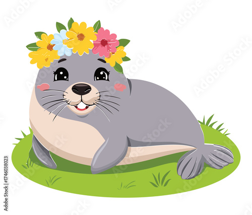 Delightful baby seal pup character lying on the green grass wearing a decorative flower crown with colorful blossoms