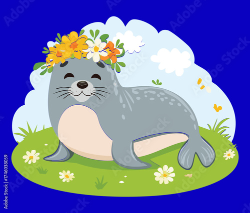 Charming gray baby seal pup character lying in a sunny field with a beautiful yellow and white flower crown