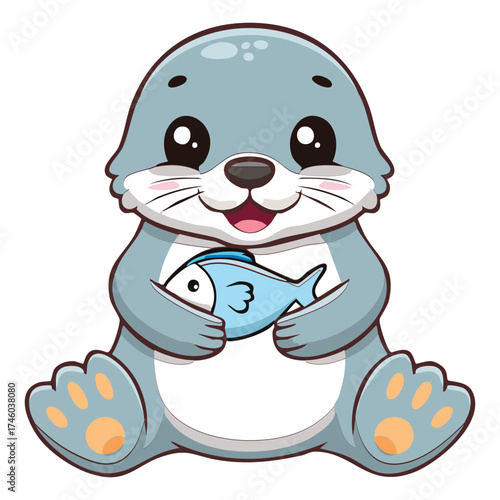 Happy cartoon baby seal pup character sitting and holding a fish with a wide cheerful smile on a white surface