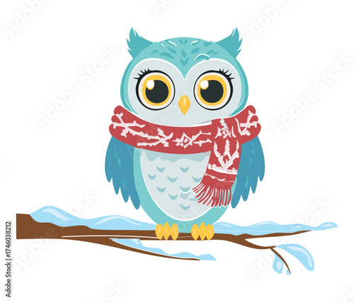 Sweet Cartoon Owl Animal Illustration Perched on a Branch Wearing a Red and White Striped Scarf