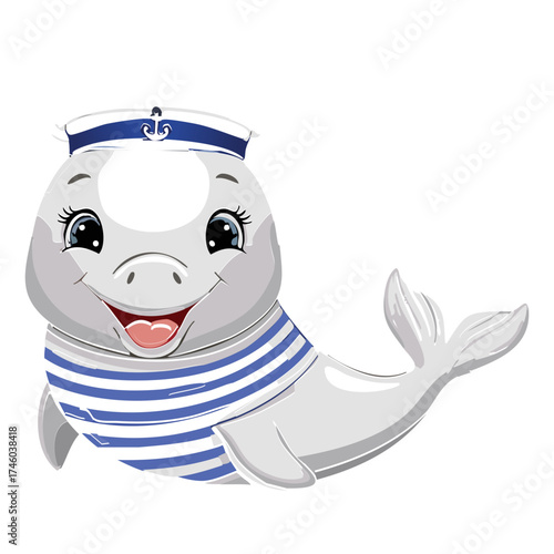 Playful Cartoon Seal Animal Illustration Wearing a Sailor Hat and Striped Shirt Waving a Flipper