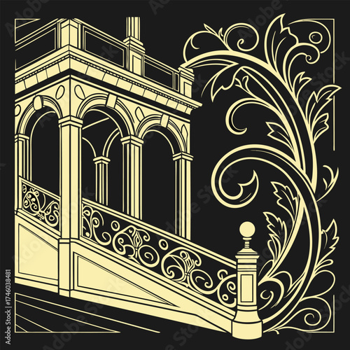 Ornate architectural staircase with decorative scrollwork on black background