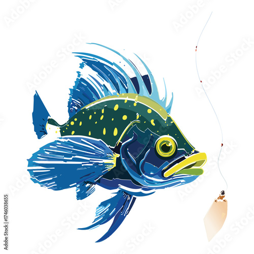 Spiky Tropical Emperor Angelfish Animal Illustration with Intricate Markings Caught on a Fishing Line