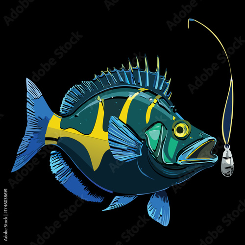 Mysterious Deep-Sea Angler Fish Animal Illustration Hunting with Luminous Lure in Pitch Black Darkness