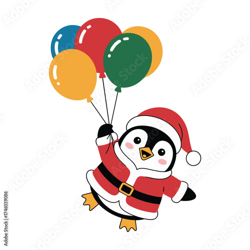 Adorable cartoon penguin dressed as santa claus holding a bunch of colorful balloons flying joyfully