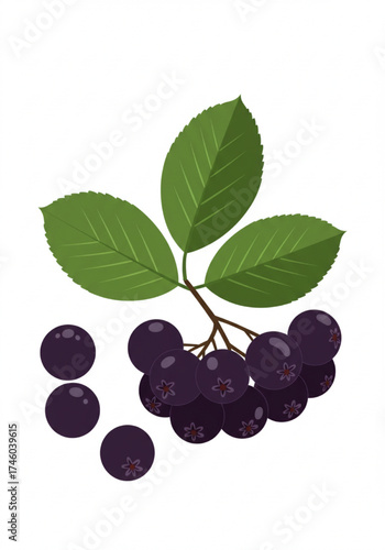 Chokeberry plant with green leaves and dark berries in vector style  