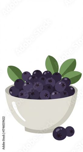 Bowl of chokeberries with green leaves on white background  