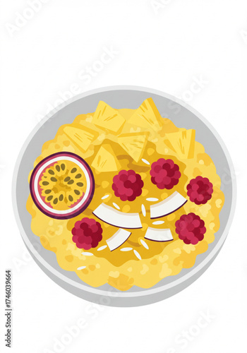 Cornmeal porridge with fruits and coconut on a plate  