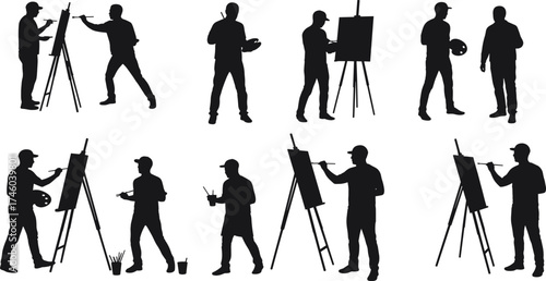 Silhouette of male artists painting on easel, creative painters holding brushes and palettes, artistic illustration, drawing and art concept